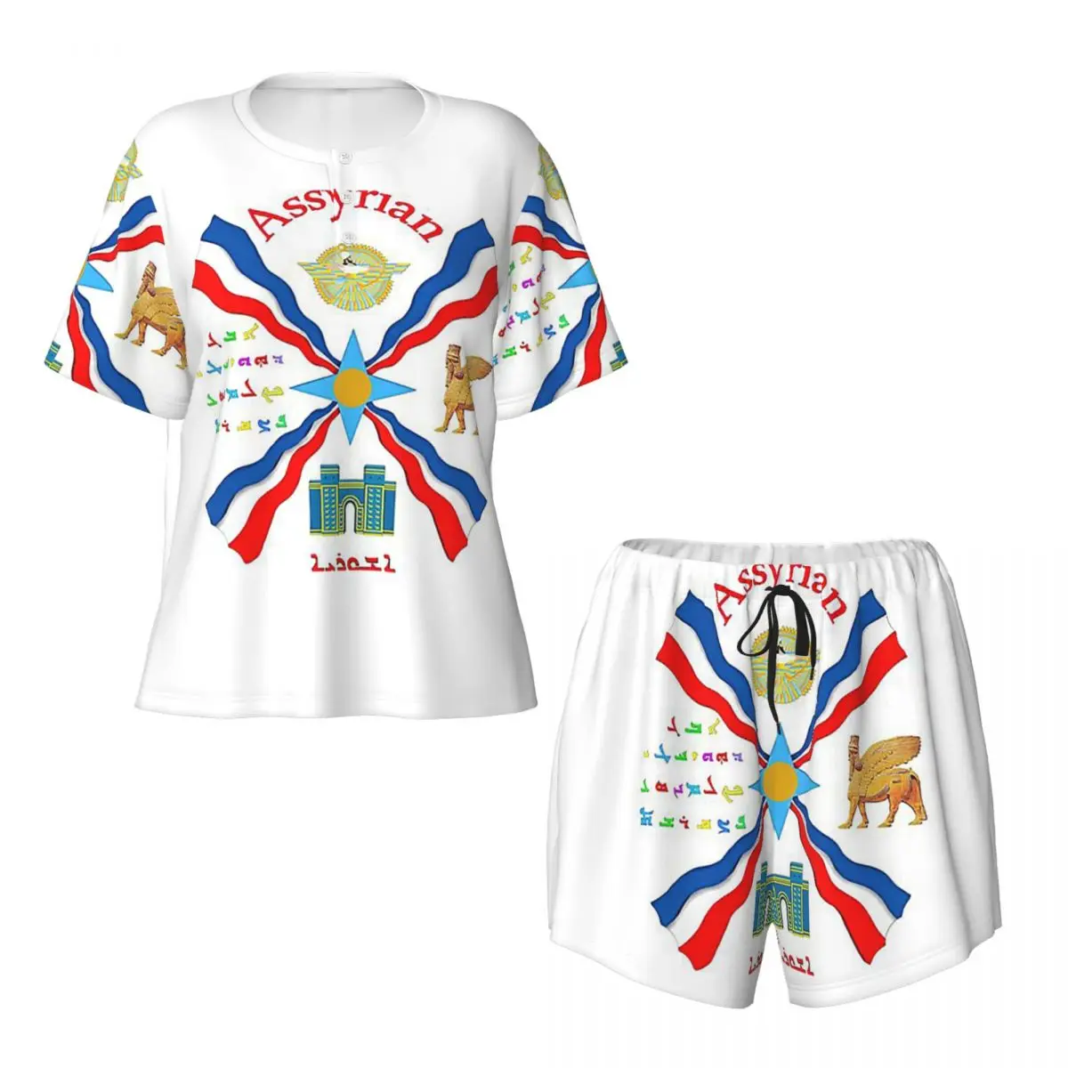 

Luxury Assyrian Suryoyo Flag Round Neck Short Sleeves Nightdress for Sleeping Sleepshirts Women Loose Pajama Set Short Pants