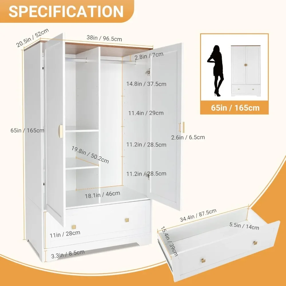 Wide Wardrobe Closet White Armoire Wardrobe with Hanging Rod Shelves and Drawer, Freestanding Closet Wardrobe Cabinet