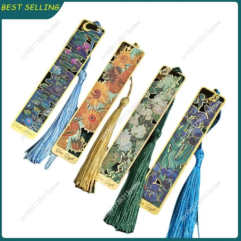 N09R-Painted Metal Bookmarks Hollow Gold Printed Bookmarks Stationery Gift Withtassels