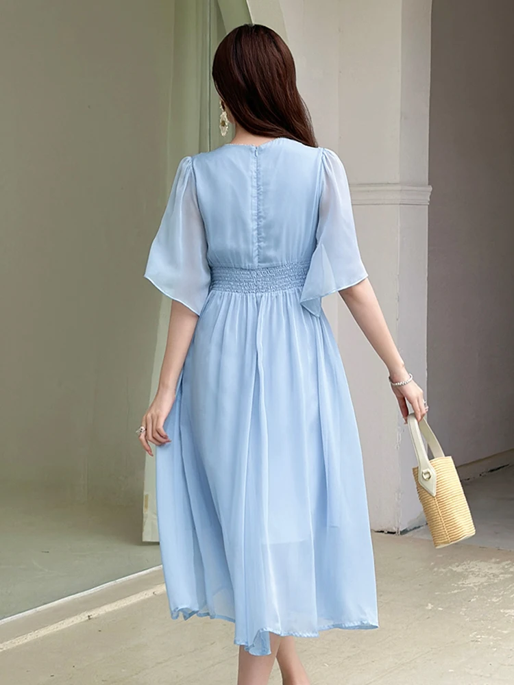 Dameskleding Fee Celebrity Vakantie Jurk Dames Mooie Blauwe Chiffon Bloemen Swing Gewaad Vrouwelijke Vakantie Feest Prom Vestidos