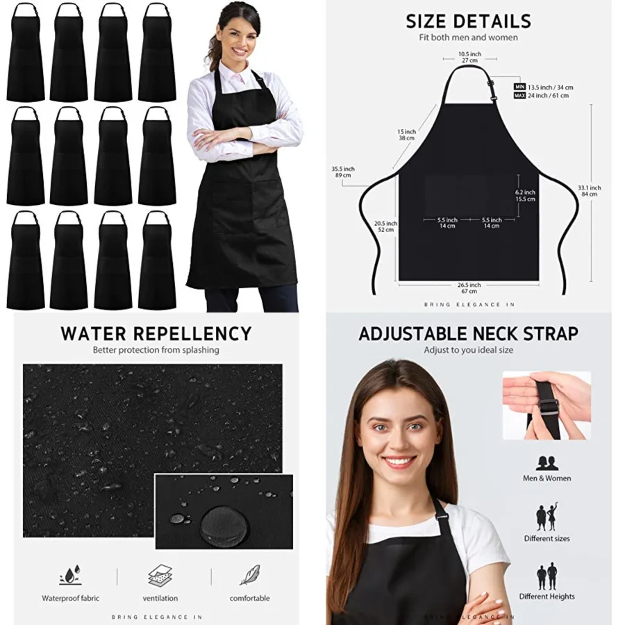 12 Pack Bib Apron, Unisex Aprons Adjustable Waterdrop Resistant with 2 Pockets Cooking Kitchen Apron for Chef, BBQ Drawing Apro