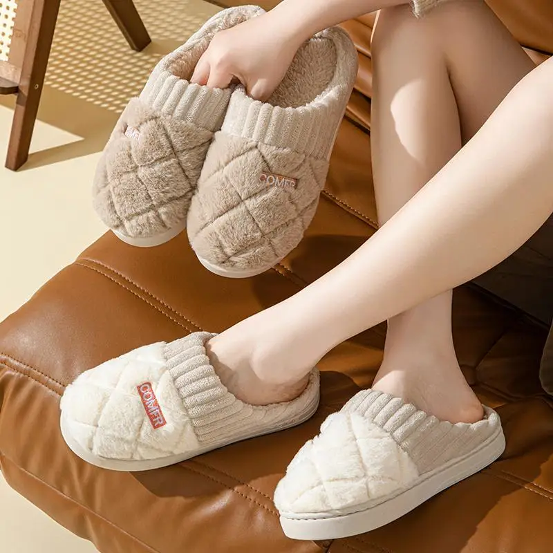 Bequeme Plüsch-Hausschuhe für Damen mit Dicker Sohle, Unisex Winter Fleece-Gefütterte Rutschfeste Warme Schuhe, Paar-Hausschuhe in Übergrößen – Detail 7