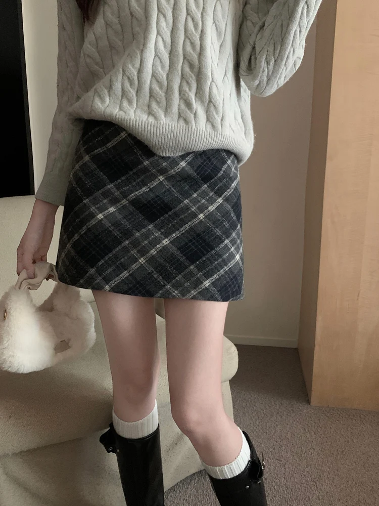 High Waist Plaid Woolen Mini Skirt Women's Autumn Winter Vintage Wrap A-Line Skirt Korean Sle Commute Polyester Fiber