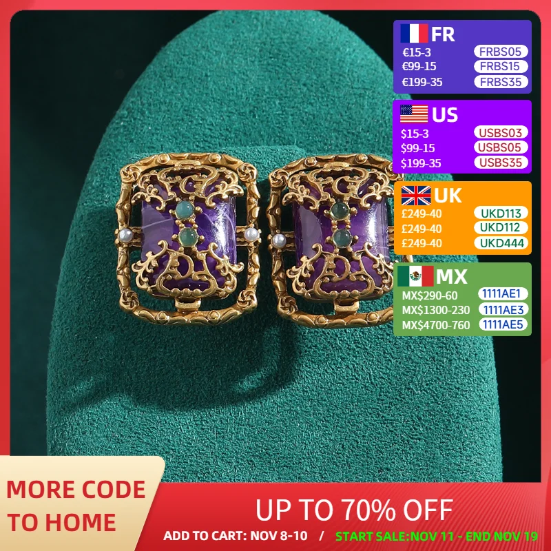 

European and American Popular Vintage Earrings Stud Palace Style Rectangular Purple Natural Stone Cooper Jewelry Luxury Women