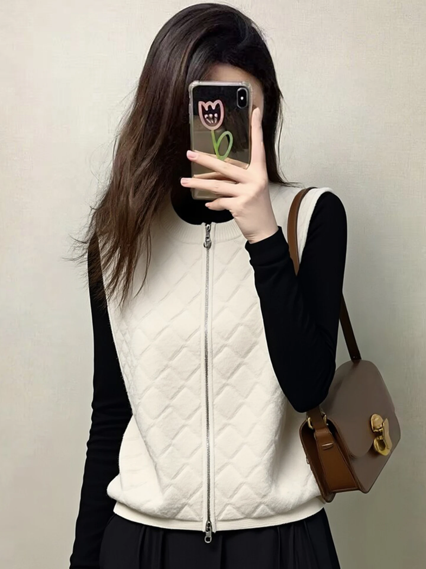 Double Zipper Sleeveless  Color Vest Commute Style Women's Outerwear round Neck Tank Top Poem Art Lin Brand