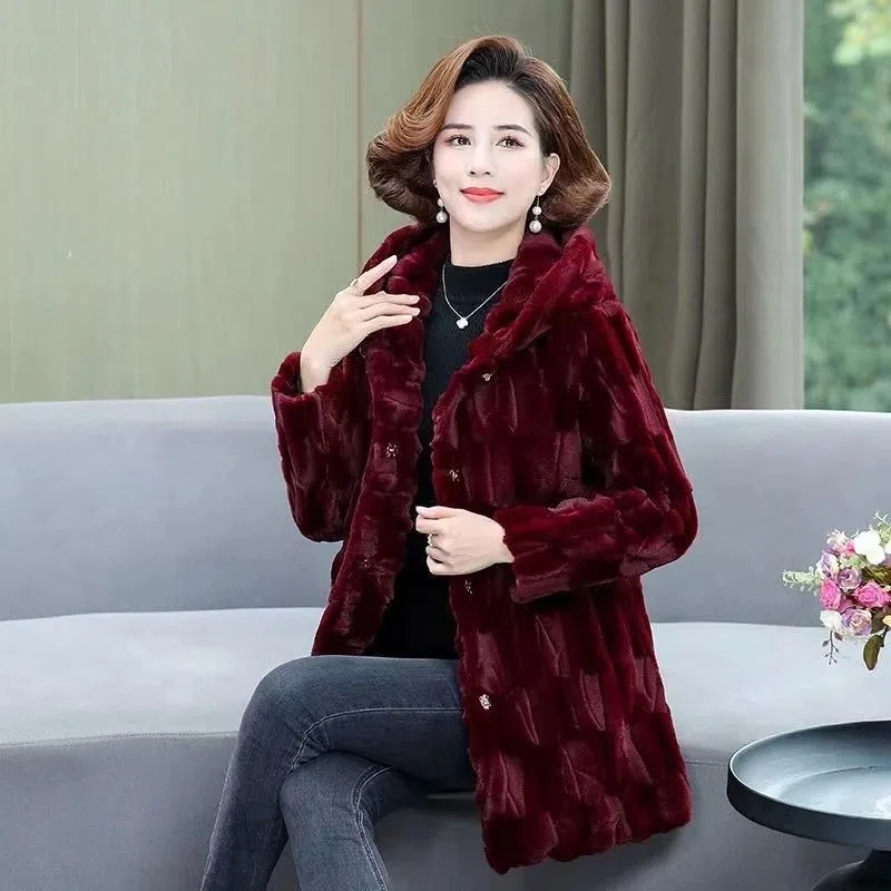 New Mother\'s Winter Coat High-End Mink Velvet Imitation Fur Coat Middle-Aged And Elderly Women\'s Hooded Thicke Mink Velvet Coat