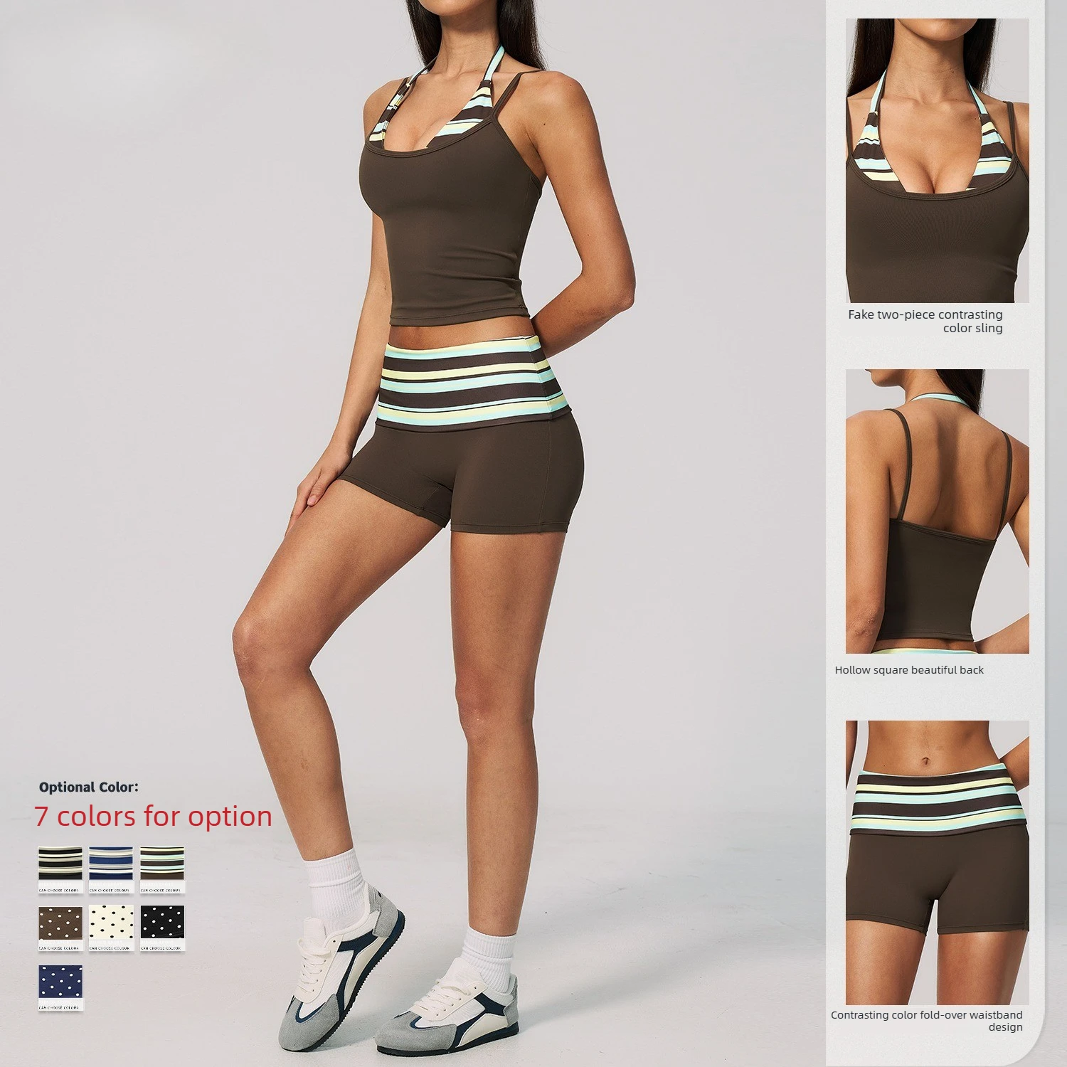 Women Mock Two-Piece Striped Yoga Set Halter Crop Top Fold Over Waist Biker Shorts 2 Piece Gym Suit Workout Training Outfit Y2K