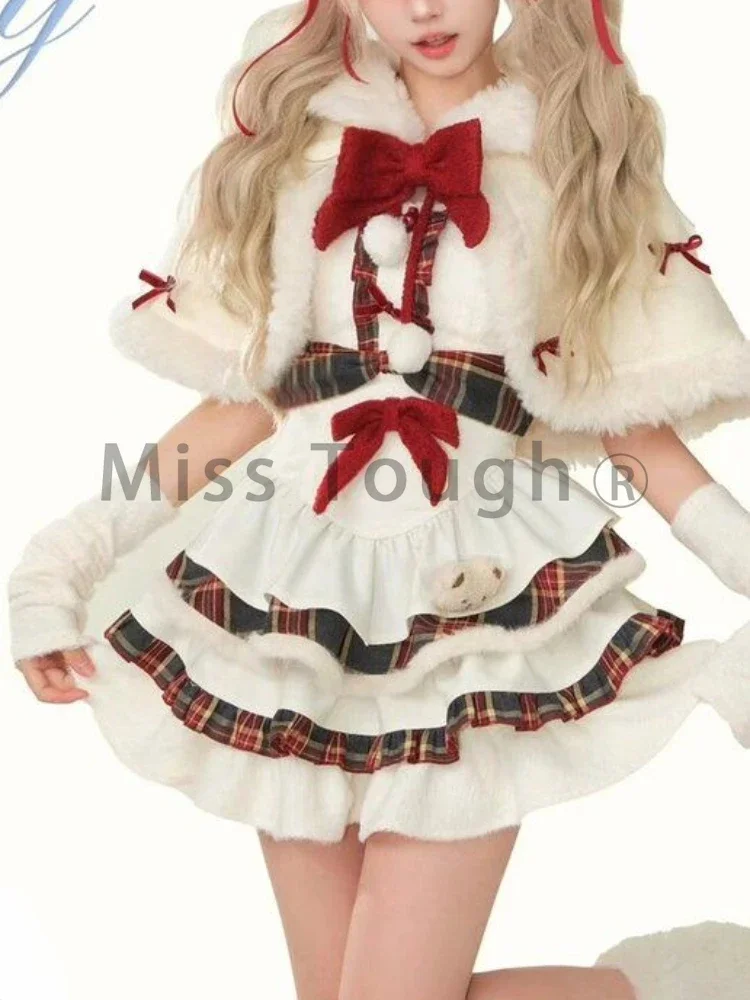 Winter Christmas Lolita Kawaii 2 Piece Set Women Plaid Patchwork Fluffy + Cute Coat Sweet Harajuku New Fashion Design Party Suit