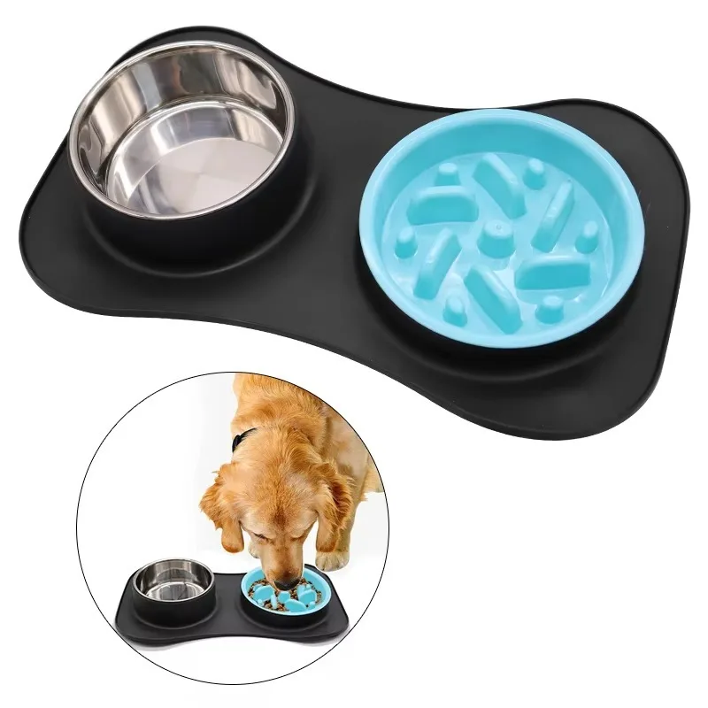 

OEM & ODM No Spill Non-skid Collapsible Stainless Steel Pet Cat Dog Double Food Water Slow Feeder 2 Bowls with Silicone Mat Pad