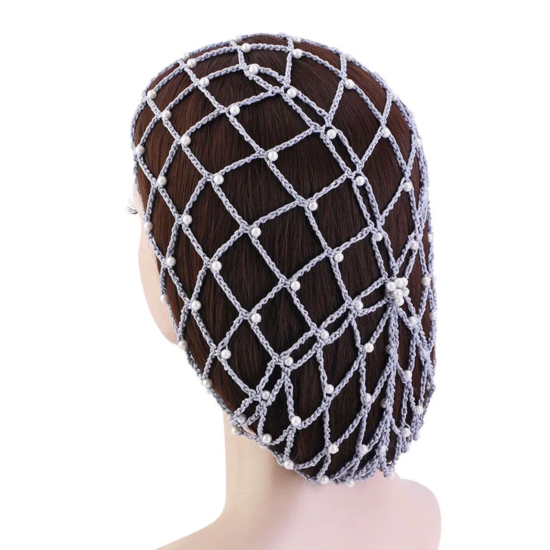 Women\'s Hair Net Rayon Mesh Snood Headwrap Pearl Beaded Crochet Cap Oversize Soft Fashion Design Ladies Elastic Hat Hairwear