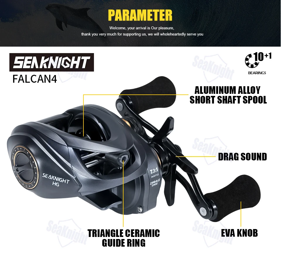 SeaKnight Brand FALCAN IV Serie Angelrolle 176g Ultraleicht 7KG Kohlefaser-Bremse 10+1BB Baitcasting-Angelrollen 7.3:1 8.1:1 – Detail 1