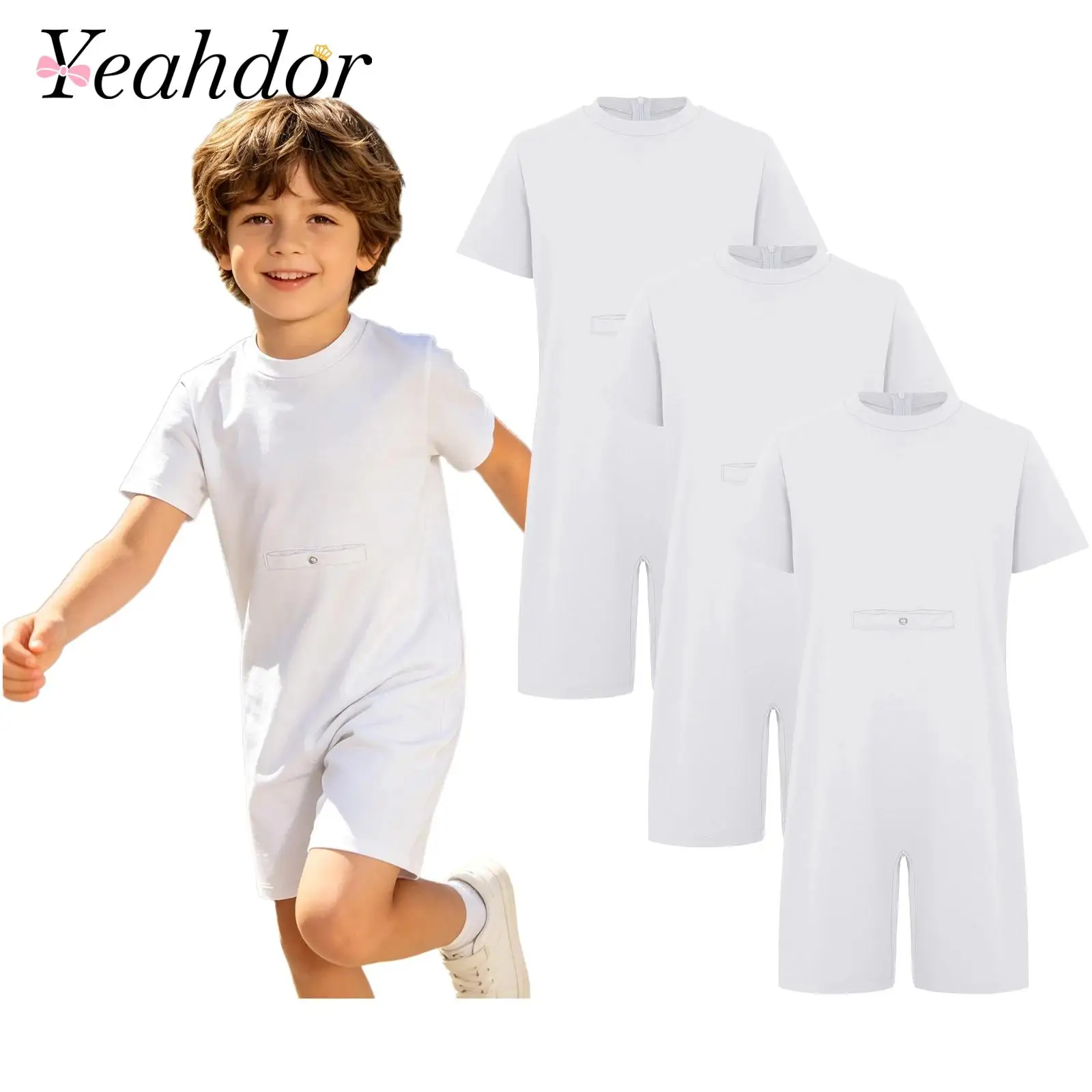 Children's Short Sleeve Solid Color Jumpsuit 3pcs Kids Girls Boys Special Needs Adaptive Clothing Teens Round Neck Bodysuits