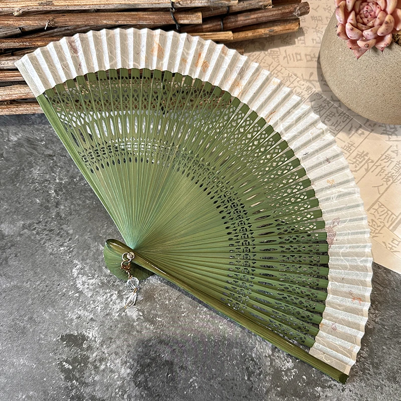 

Small Fresh Green Paper Fan Retro Hanfu Folding Fan Ethnic Style Mini Small Fan Dance Decoration Bamboo Fan Home Decoration