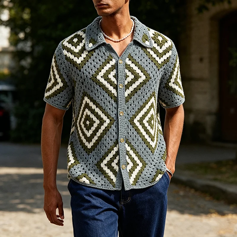 Daily Leisure Mens Short Sleeve Knit Shirts Summer Vintage Buttoned Lapel Knitted Shirt Tops Men Stylish Buttoned Lapel Cardigan