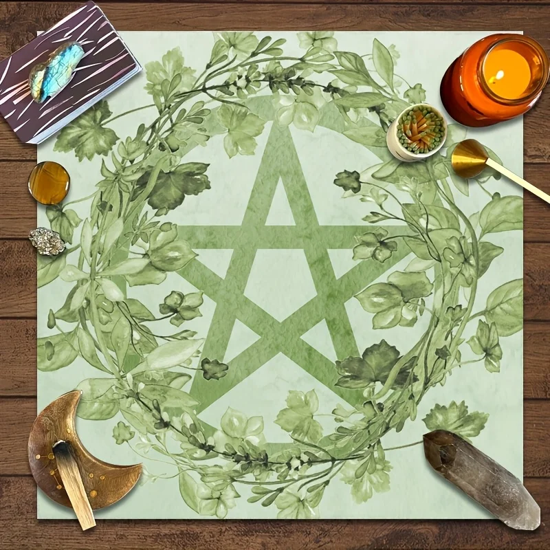 1pc Green‑Leaf Pentagram Moon‑Flower Altar Cloth, Botanical Pentagram Card Mat, for Halloween, Pagan Party Decor