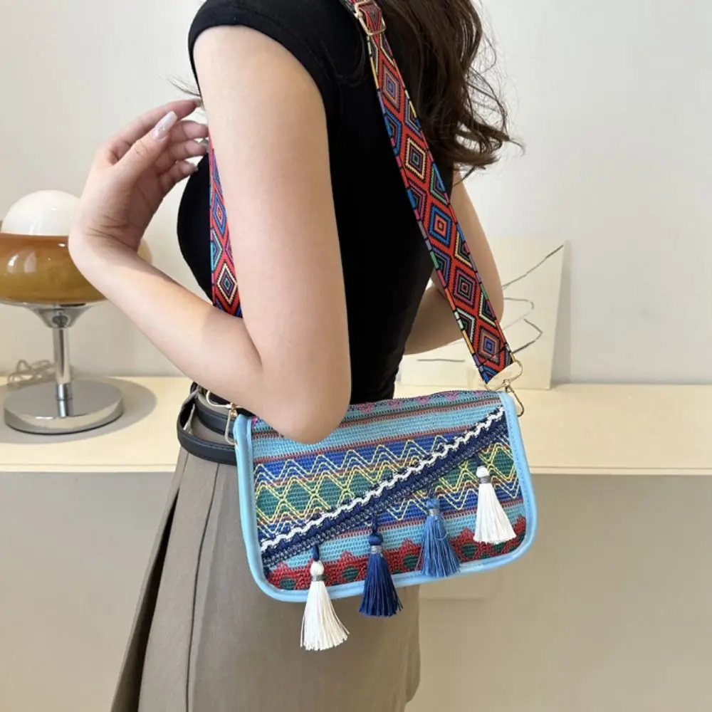 Embroidery Bohemian Shoulder Bag Colorful Korean Style Woven Bag Fringe Shoulder Bag Geometric Handbag