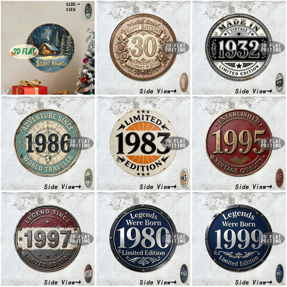 2D Flat Round Metal Tin Sign Vintage Retro Limited Edition Year Number Birthday Floral Christmas Travel World Map Letter Text