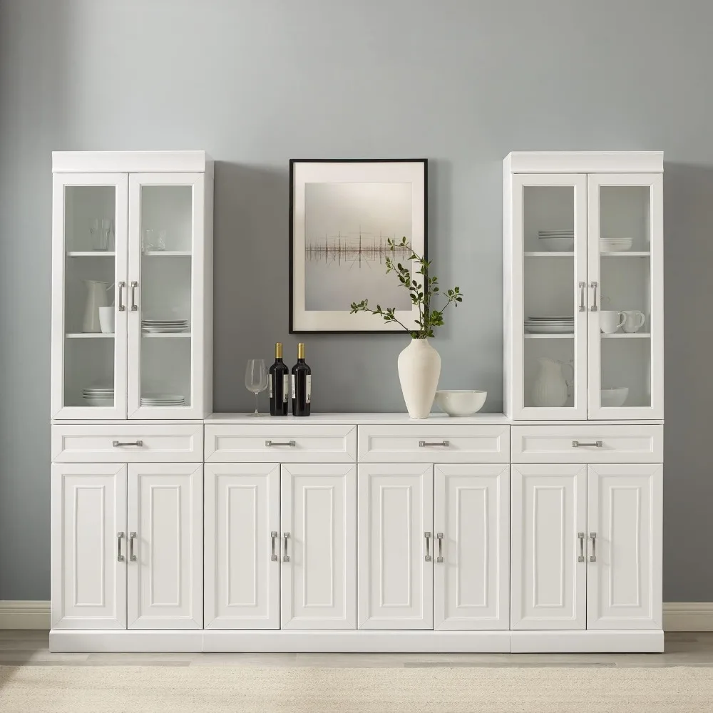 Gothic Grandeur 3 Piece Sideboard and Glass Door Pantry Set White - Sideboard & 2 Pantries, 14.5" D x 95" W x 78" H, Adjustable