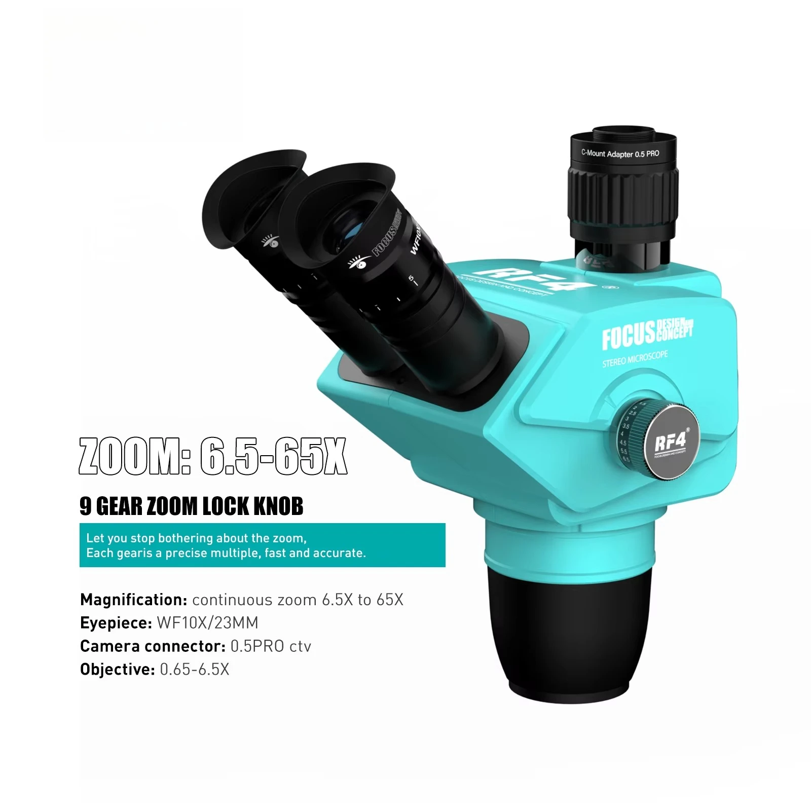 

RF4 6565pro Головка тринокулярного микроскопа 6,5-65X Стереомикроскоп с симфокуальным непрерывным зумом WF10X/23 мм Окуляр