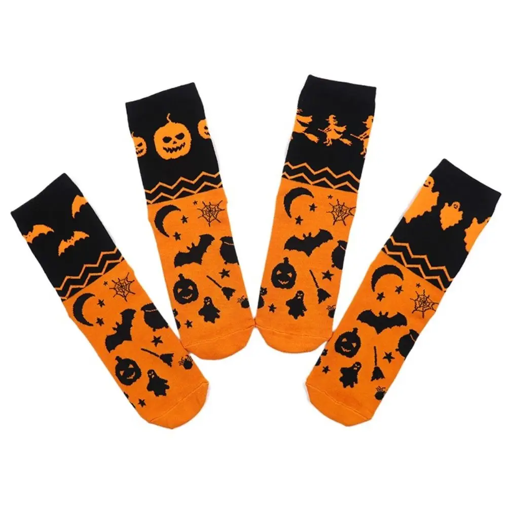 2Pairs Breathable Ghost Halloween Socks Pumpkin Bat Tube Socks Stripe Funny Cotton Socks Women Friends