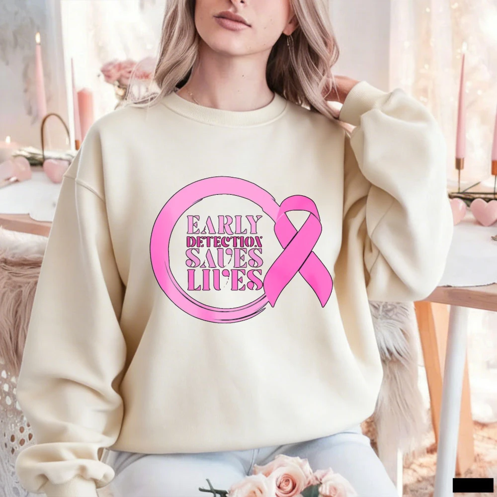 Early Detection Saves Lives Pink Ribbon Graphic Pullover Breast Cancer Awareness Long Sleeve Casual Autumn Loose Sweat Tops