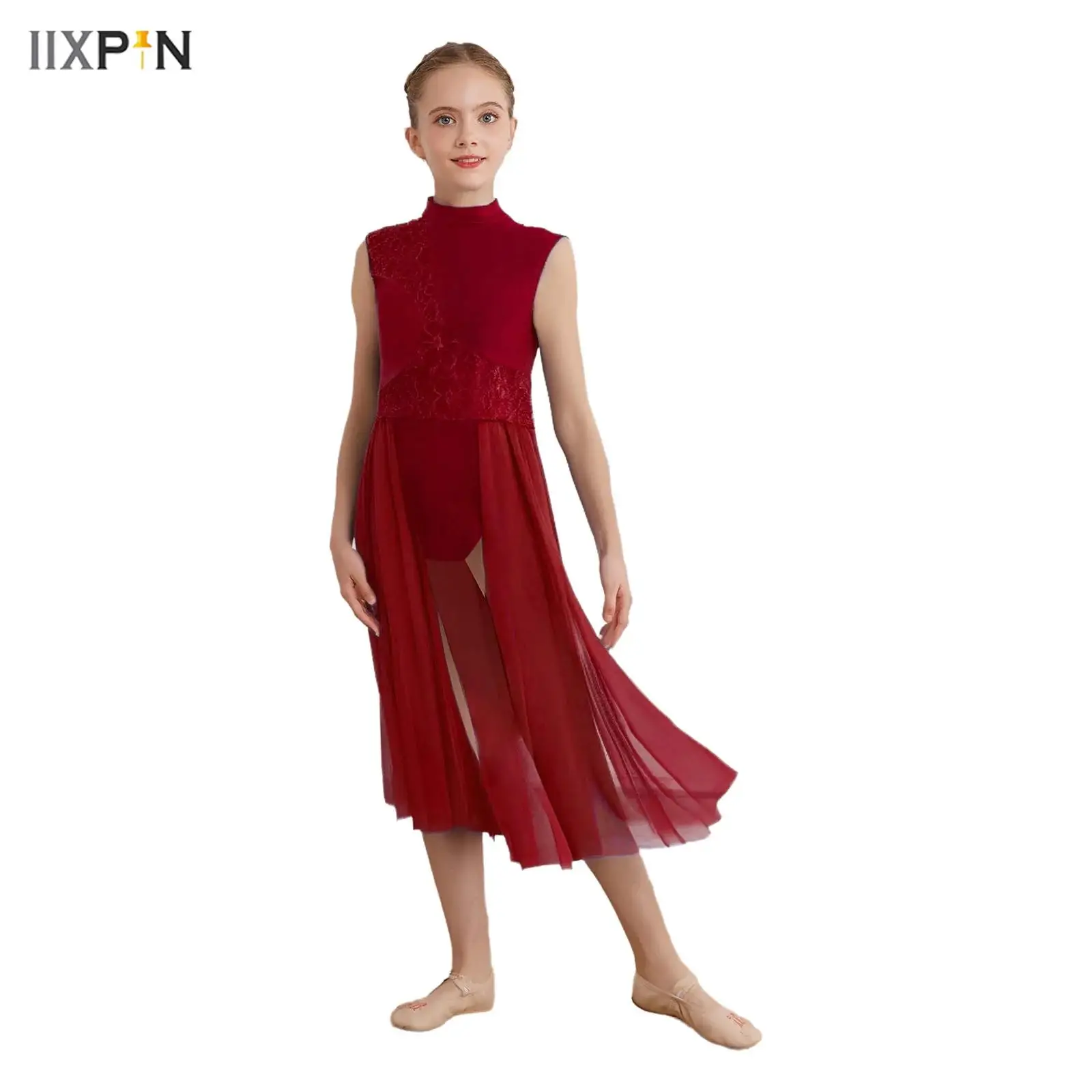 

Kids Girls Floral Lace Patchwork Lyrical Dance Dresses Mock Neck Cutout Back Sleeveless Leotard Dress Ballet Performance Costume
