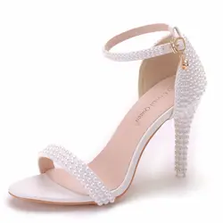 Crystal Queen Bride Wedding Shoes Fashion White Stiletto Woman Ankle Strap Party Dress Sandals Open Toe High Heels Pumps Female