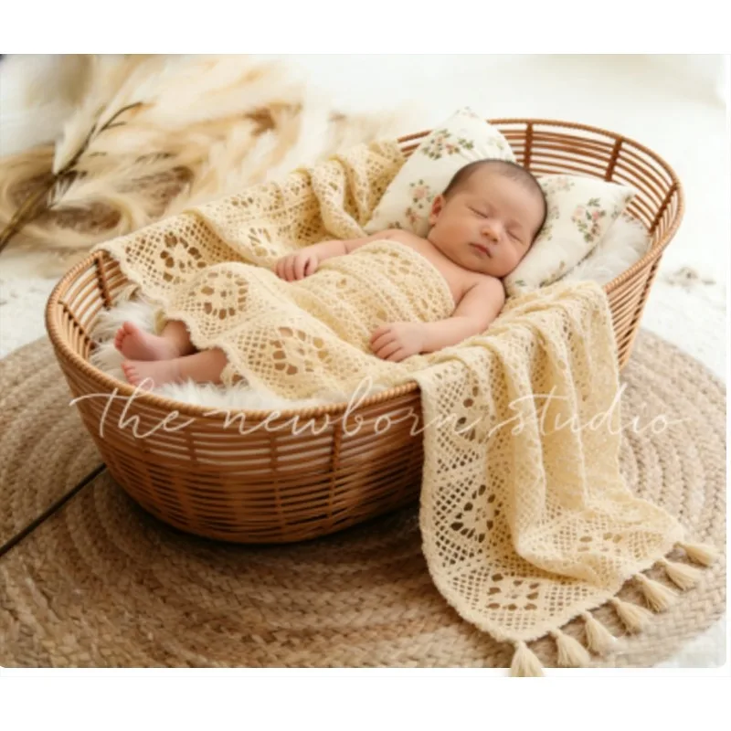 

Boho Newborn Lace Tassel Blanket Filler, Square Baby Receiving Blanket, Rustic Hollow Out Photography Prop ,Newborn Photoshoot