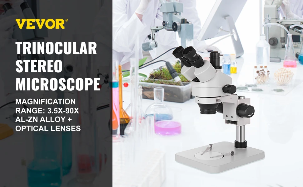 VEVOR 3.5X-90X Trinocular Stereo Microscope 360°Swiveling Trinocular Stereo Microscope with Pillar Stand
