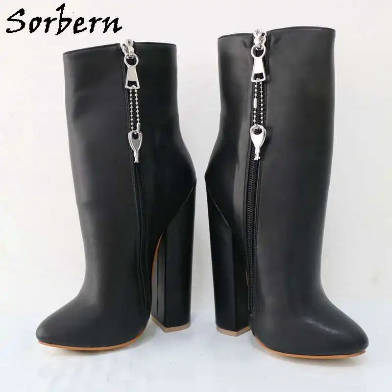 Sorbern Black Matte Ankle Boots For Women Block High Heel Lockable Zippers Short Booties Chunky High Heel Shoes Custom