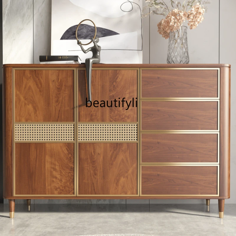 Modern Nordic Solid Wood Porch Minimalist Walnut Storage Organizer Sideboard Cabinet Log Decoration