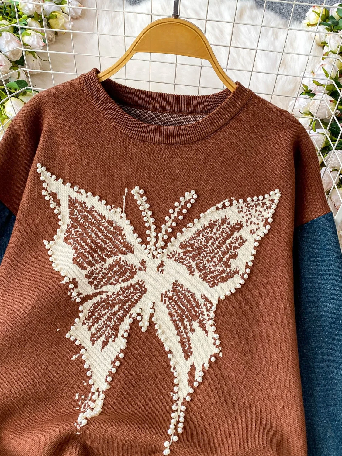 Design Sensation Lange Sve Denim Gebreide Trui Dames Losse Afslankende Top Splicing Glinsterende Kralen Casual Hoodie