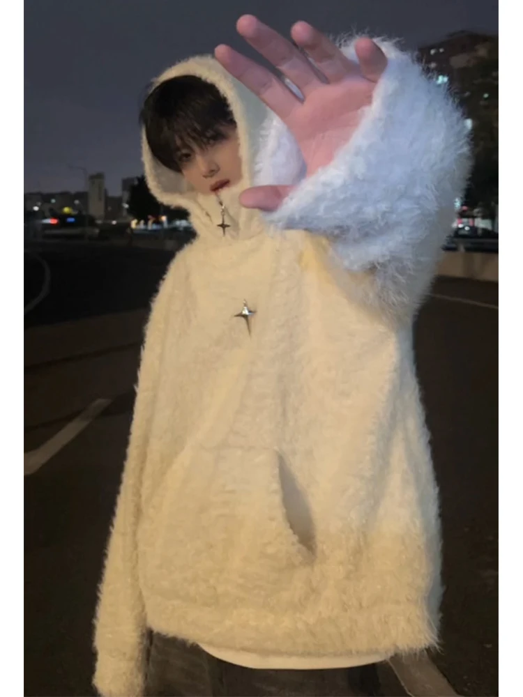 

American High Street Vibe Men's Hooded Knitwear Coat Sea Fur Collar Autumn Winter Thiened Soft Comfortable Casual Swe...