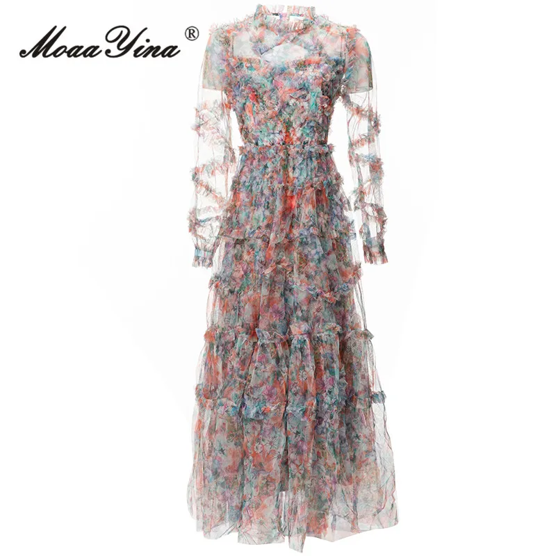 

MoaaYina Autumn Fashion Designer Floral Print Vintage Dress Women Lantern Sleeve High Waist Mesh Ruffles Slim A-LINE long Dress