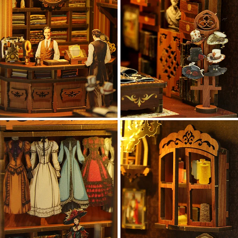 

Royal Sewing Machine Store DIY Wooden Book Nook Shelf Insert Miniature Model Kits With Light Bookshelf Bookend Friends Gifts
