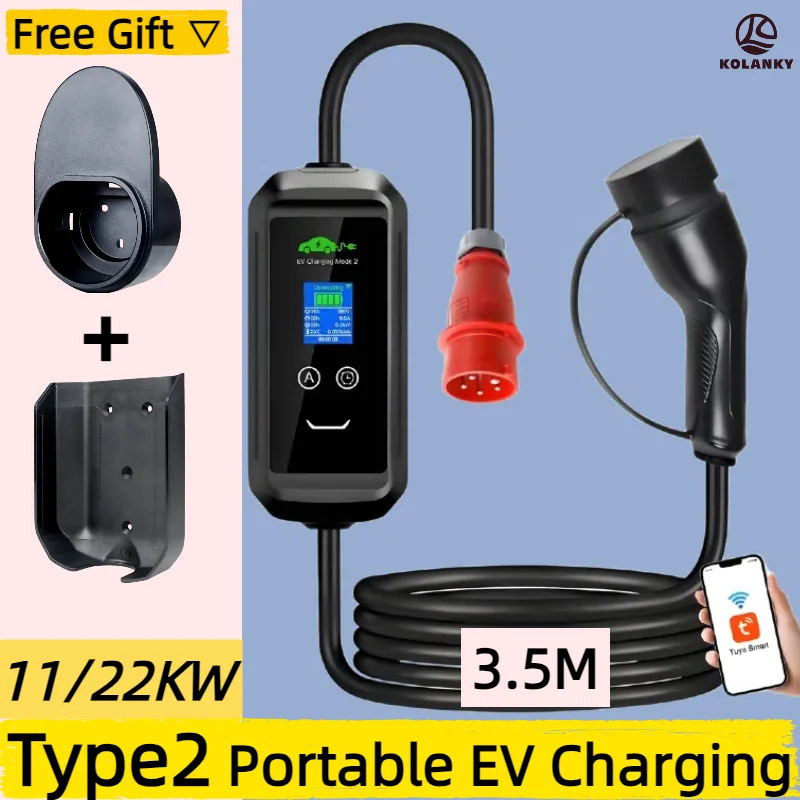 

3.5M Cable Type2 EV Portable Charger 11KW 22KW 16A IEC62196-2 EVSE Charging Box Electric Vehicle PHEV Cars Charger CEE Plug
