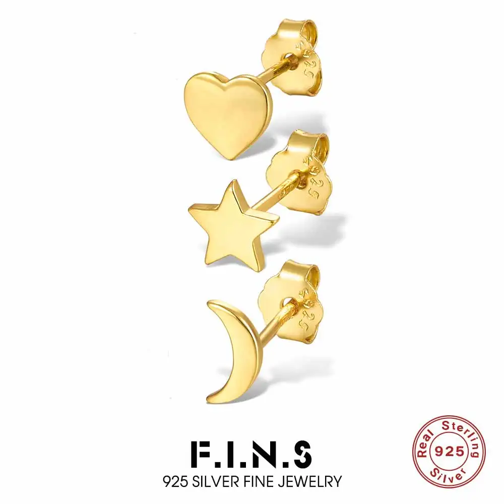

F.I.N.S Minimalist 925 Sterling Silver Stud Earrings Stackable Star and Moon Piercing Anti-Allergy Party Daily Fine Jewelry