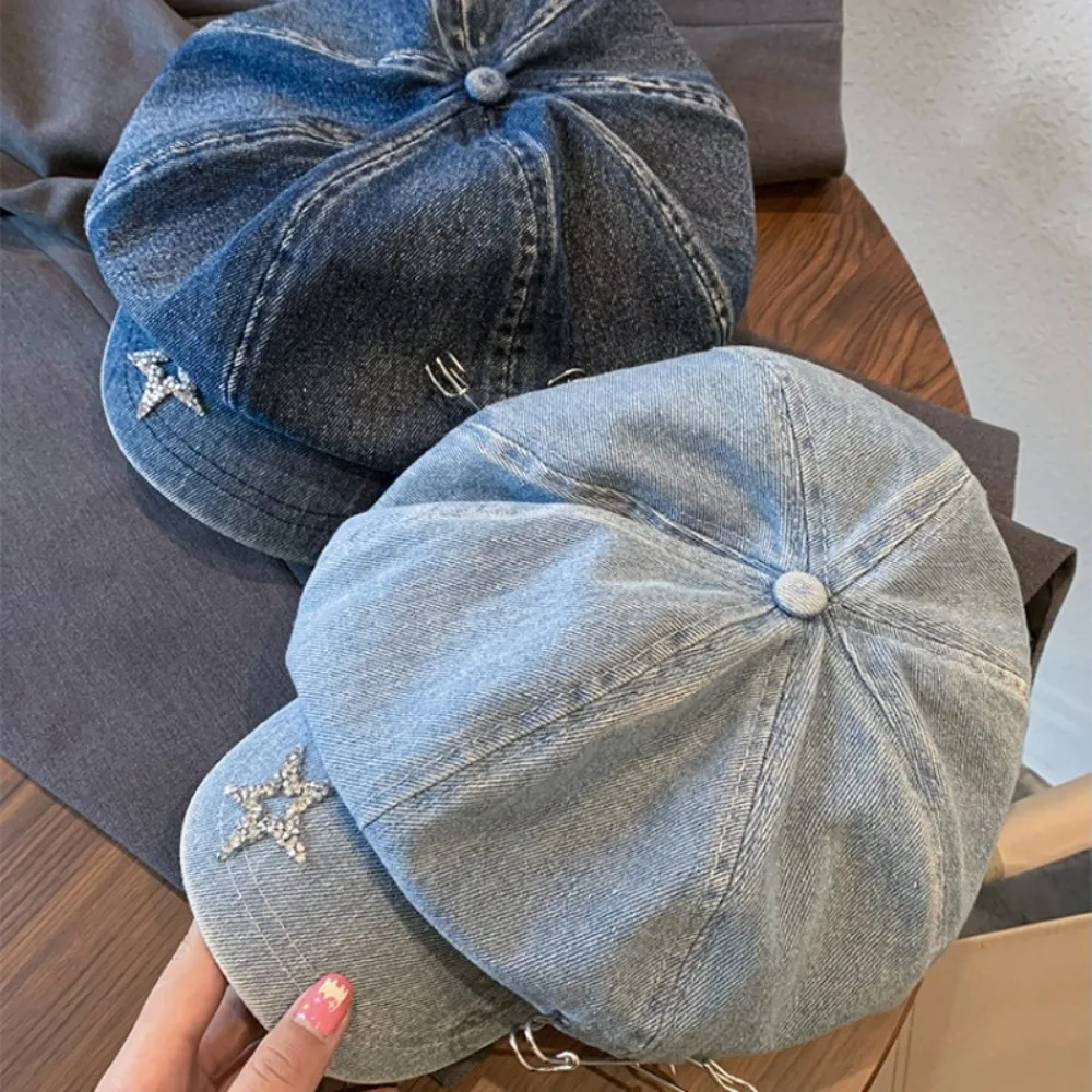 Painter Hat Y2K Vintage Denim Hat Sweet Cool Newsboy Cap Rough Edge 56-58cm Star Pattern Berets Cap Outdoor