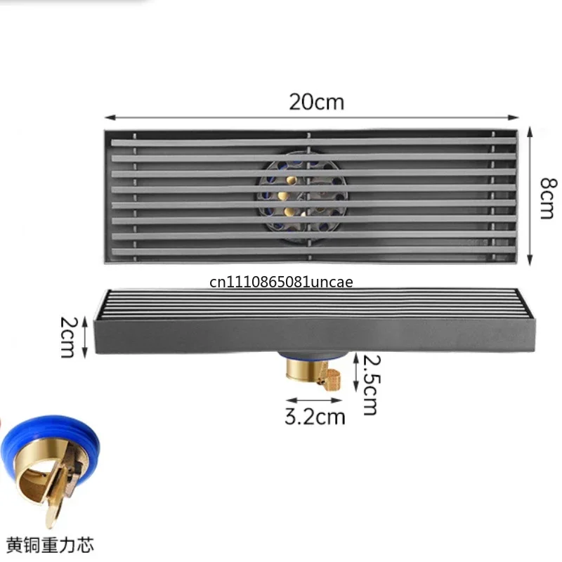 Gunmetal gray long bar floor drain long 304 stainless steel anti-odor all copper core bathroom rectangular large capacity