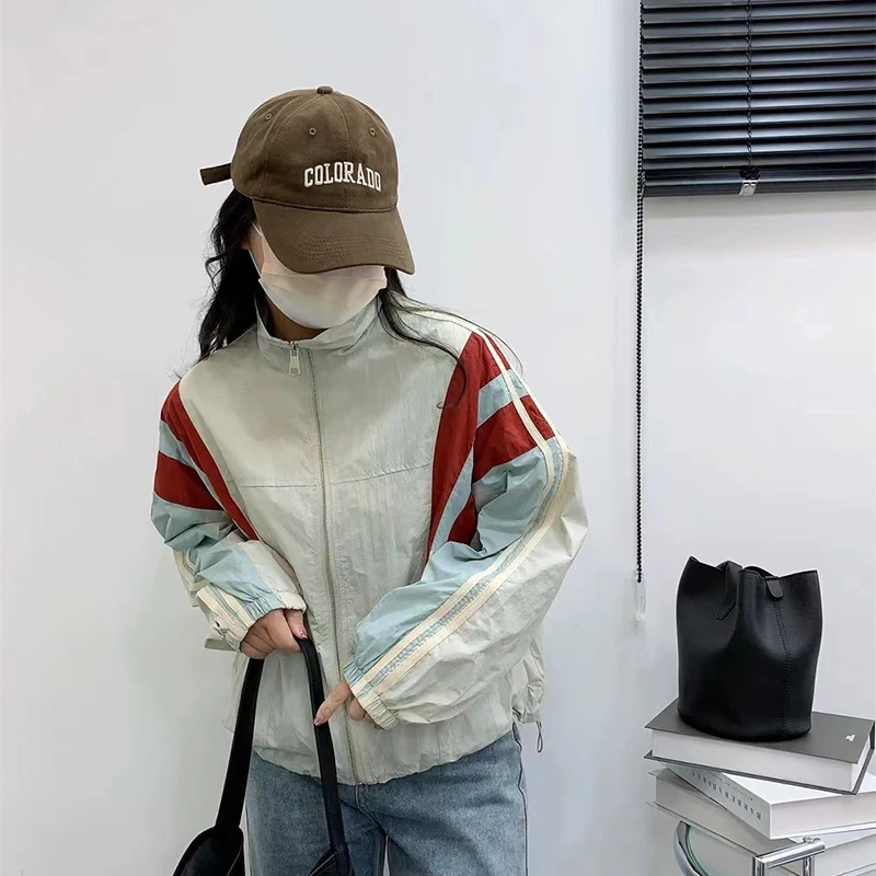 Vintage Patchwork Striped Women Jacket Y2K Korean Oversize Stand Collar Baseball Uniform Autumn Zipper Windbreaker Outerwear