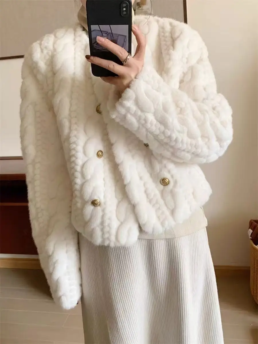 Soft and Warm Short Loose Mink Velvet Women's Coat, Round Neck Double-Breasted, Padded