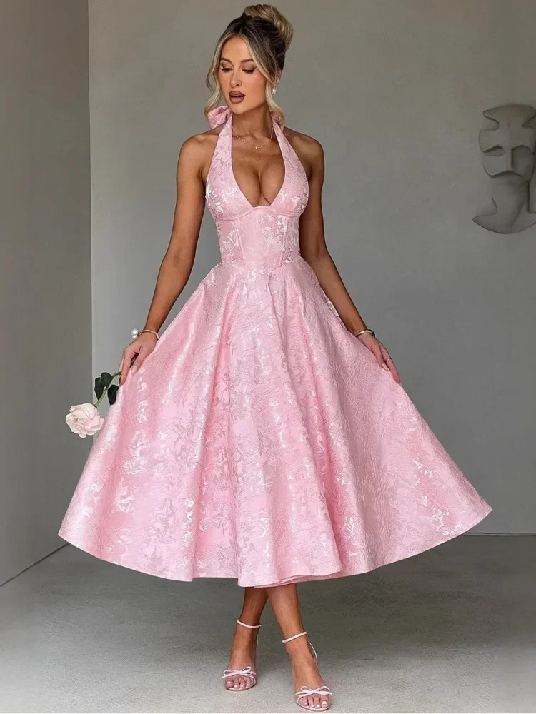 فستان جاكار عميق على شكل حرف V مثير على شكل حرف A للنساء لقضاء العطلات فستان صيفي أنيق للسهرة بدون ظهر فستان ميدي للحفلات #3