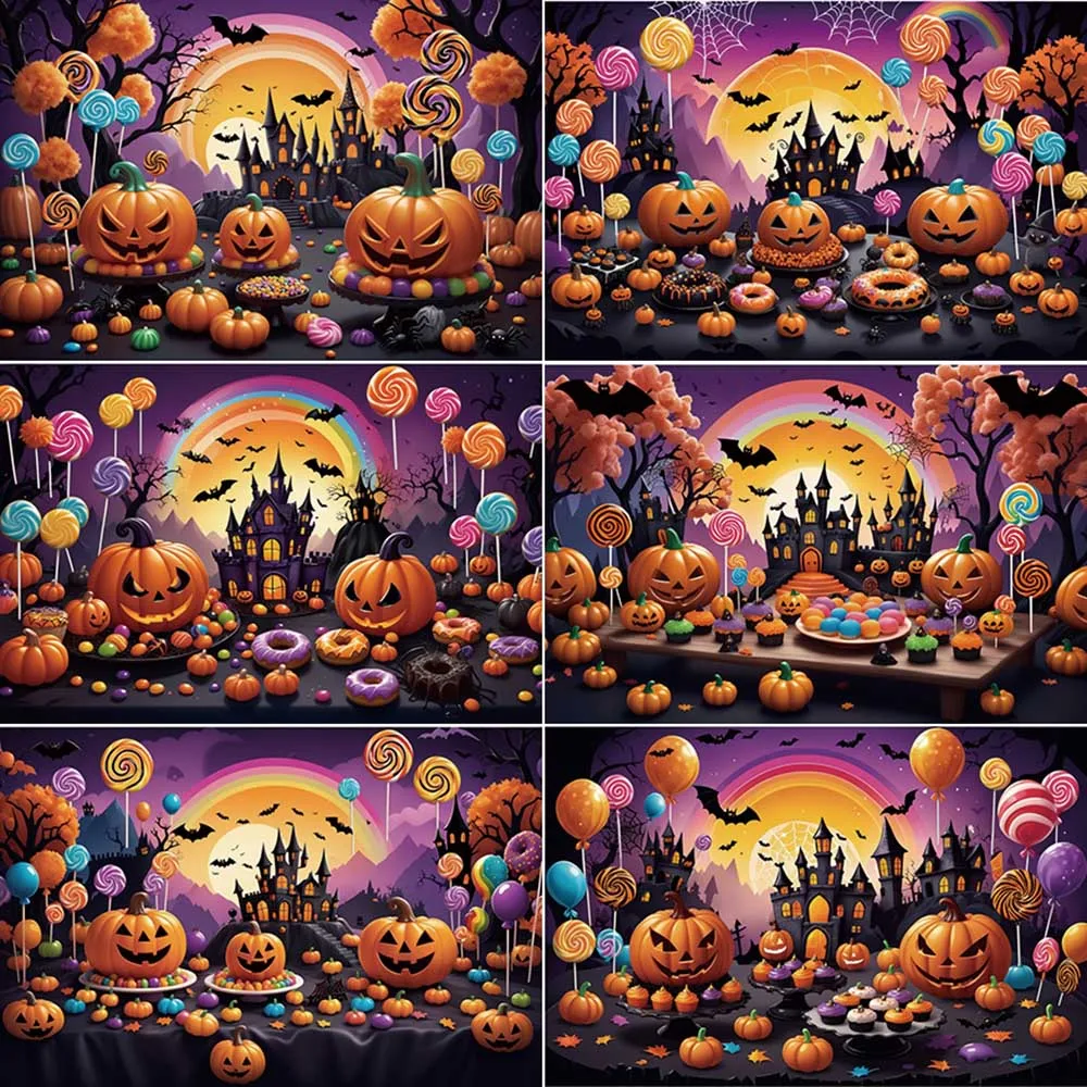 MOON.QG Halloween Candyland Decor Photography Background Pumpkin Castle Child Party Photocall Backdrop Photographic Studio Props