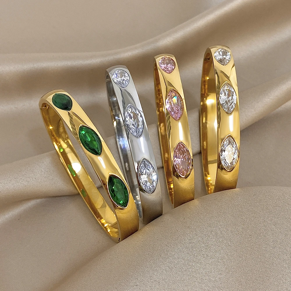 

Freetry Luxury Stainless Steel Basic Round Opening Bangle for Women Minimalist Zircon Eyes Cuff Bracelet Waterproof Hand Jewelry