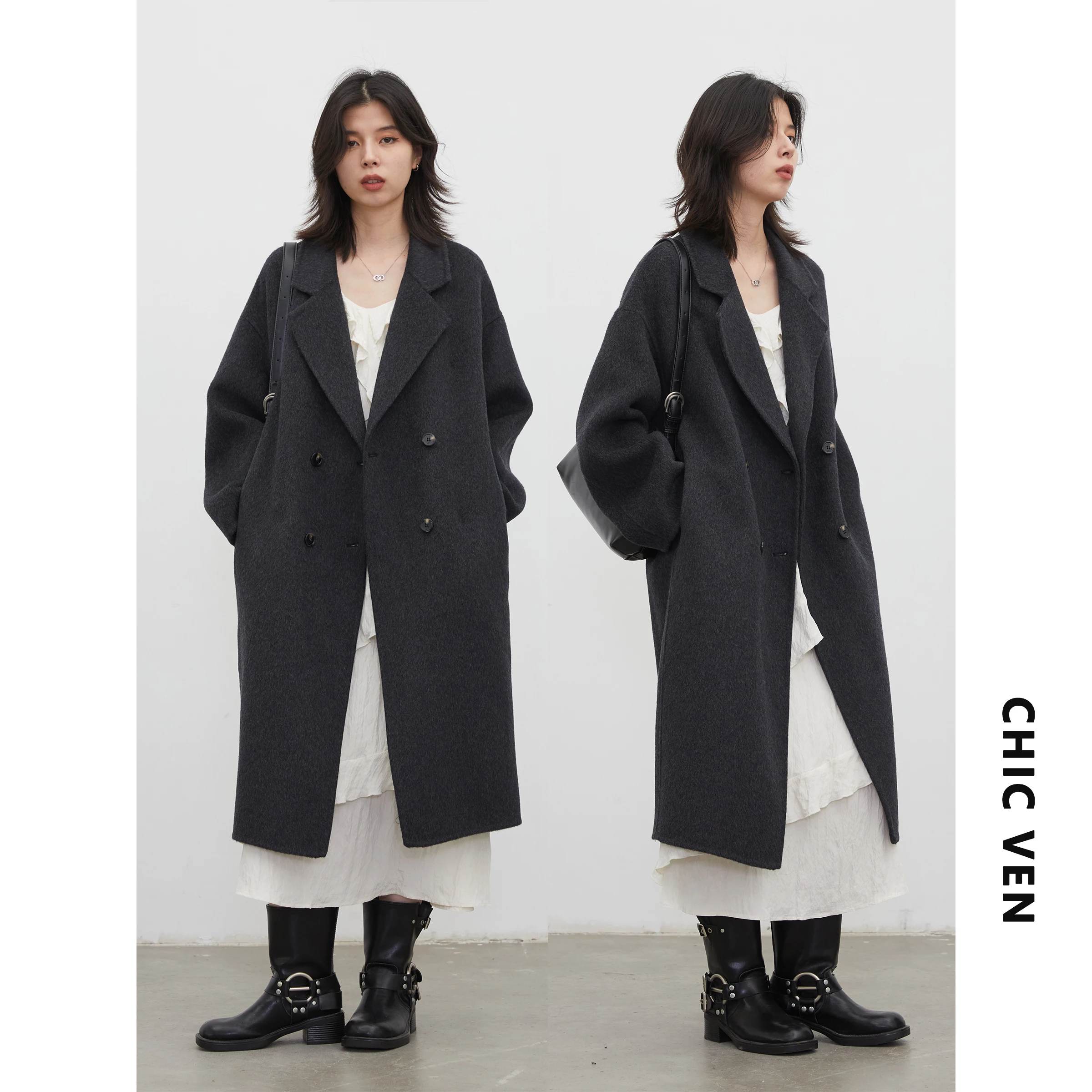CHIC VEN Korean Women Long Double-sided Woolen Coats Solid Loose Casual Double-breasted Female Outerwears Autumn Winter 2026