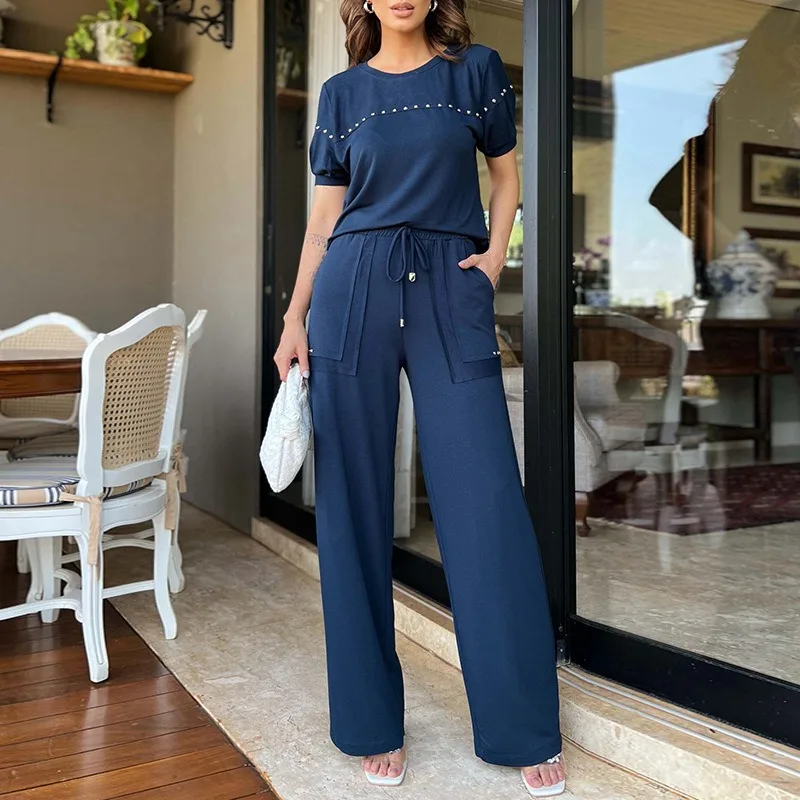 

Fashionable Round Neck Set with Bubble Sleeves Top High Waisted Wide Leg Pants