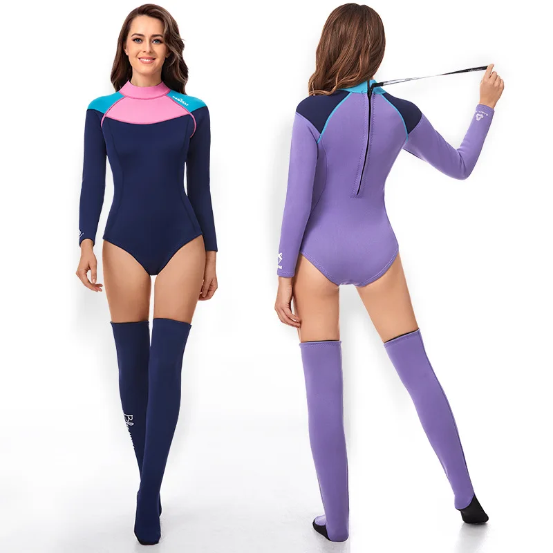 SABOLAY New Women 2MM Neoprene Wetsuit Elastic Diving Suits Stockings Springsuit Long Sleeve Zipper Swimming Swimwear Suit