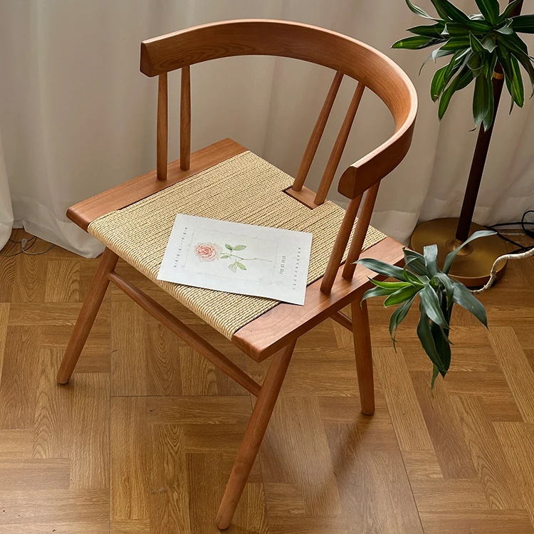 #Chair Solid Wood Rope Long Sitting Back Table Chair Homestay Furniture Rattan Chair Dining
