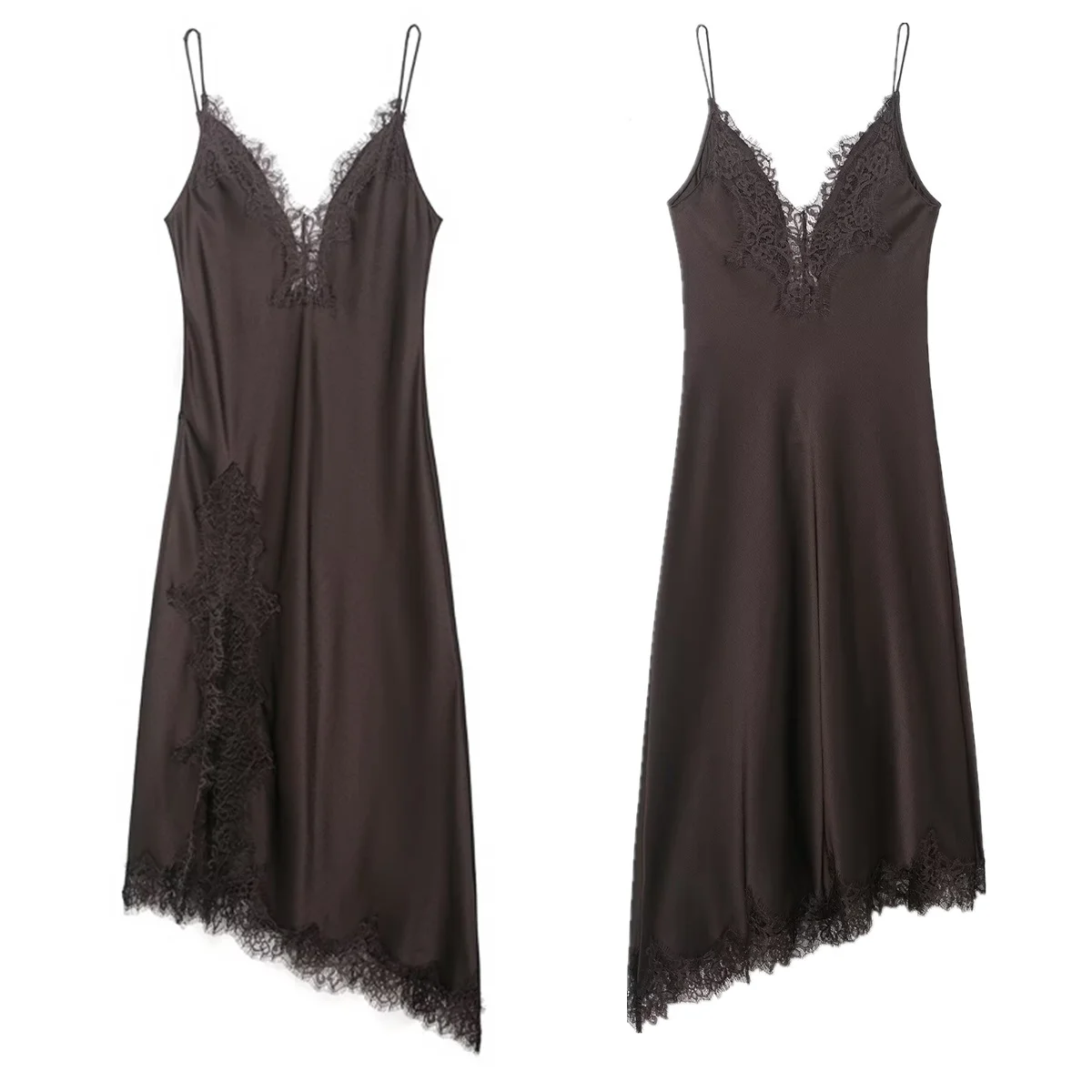 ジェニー&デイブ 2026 女性服 フレンチ エレガント サテン レース ドレス ミニマリスト コーヒーカラー ノースリーブ タンクドレス パーティー ミディドレス