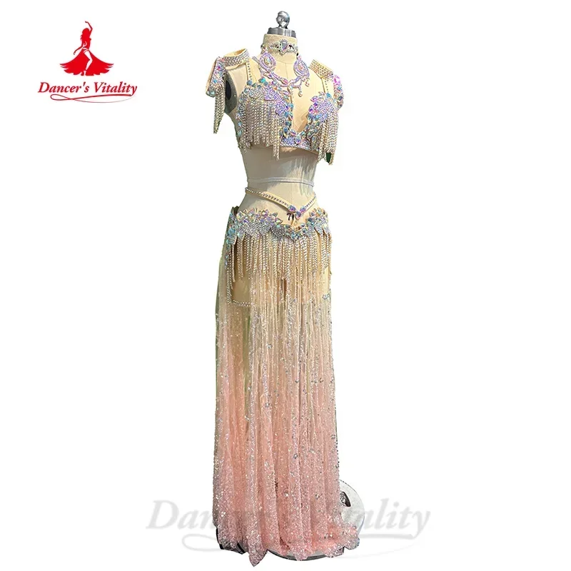 Belly Dance Costume for Women High End Customized Luxury Diamond Bra+Tassel Long Skirt 2pcs Adult and Child Performance Outfit